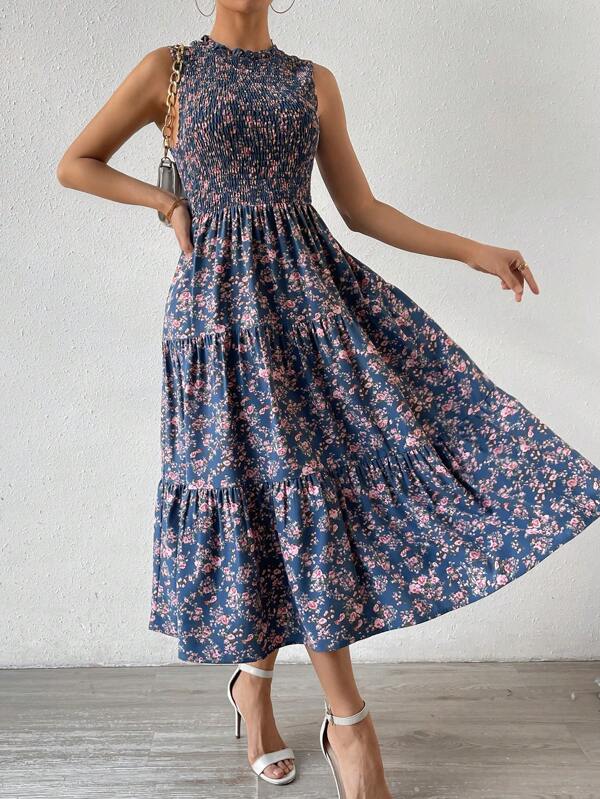 Vestido Longo Com Lastex Estampa Floral Estilo Romântico