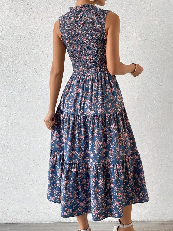Vestido Longo Com Lastex Estampa Floral Estilo Romântico