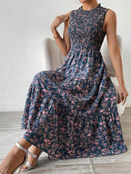 Vestido Longo Com Lastex Estampa Floral Estilo Romântico