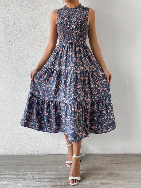 Vestido Longo Com Lastex Estampa Floral Estilo Romântico