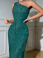 Vestido Midi Ombro Único Com Paetês E Fenda