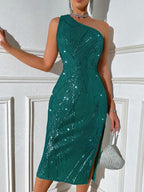 Vestido Midi Ombro Único Com Paetês E Fenda