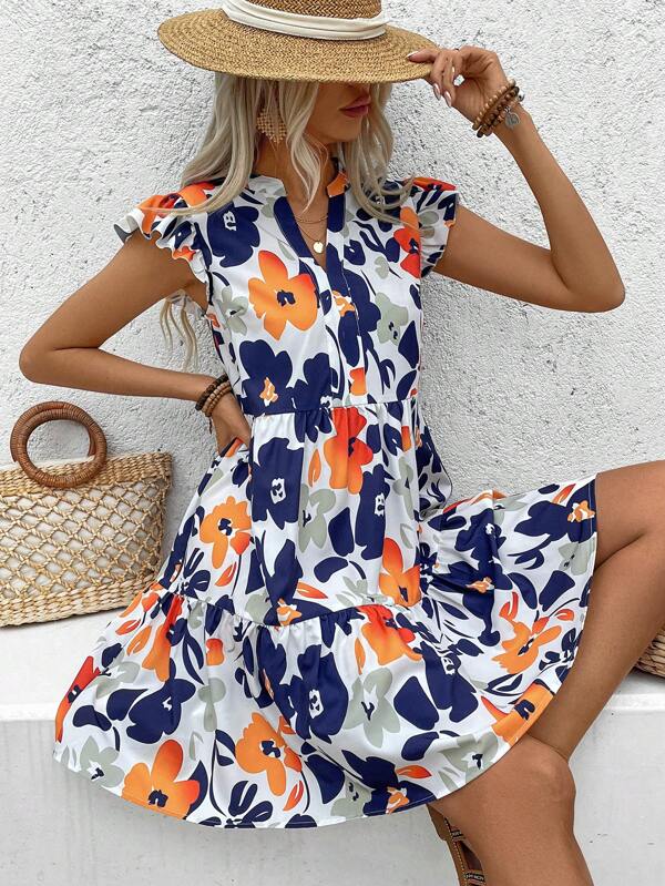 Vestido Curto Chemise Com Babados E Estampa Floral