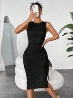Vestido Midi Regata Acinturado Com Franzido E Amarração