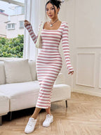 Vestido Longo Manga Longa Ajustado Estampa Listrada
