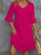 Vestido Midi Canelado Decote V Com Renda Estilo Romântico