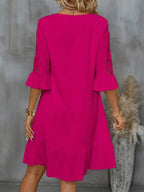 Vestido Midi Canelado Decote V Com Renda Estilo Romântico