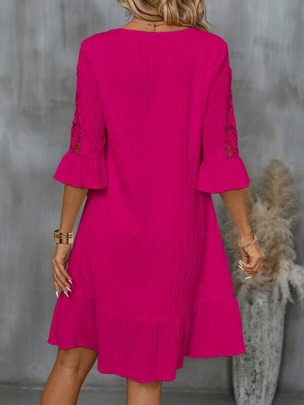 Vestido Midi Canelado Decote V Com Renda Estilo Romântico