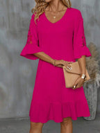 Vestido Midi Canelado Decote V Com Renda Estilo Romântico