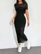 Vestido Midi Ajustado Com Transparência Estilo Minimalista