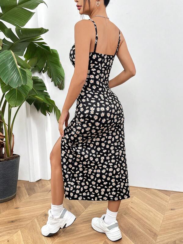Vestido Midi Alças Finas Com Fenda Estampa Floral Casual
