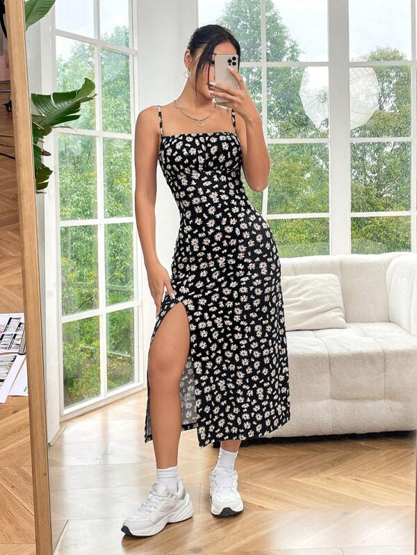 Vestido Midi Alças Finas Com Fenda Estampa Floral Casual
