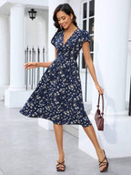 Vestido Midi Decote V Acinturado Com Estampa Floral