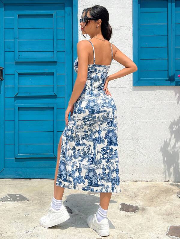 Vestido Midi Alças Finas Ajustado Com Fenda Estampa Arabesco