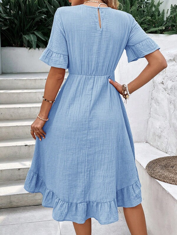 Vestido Midi Evasê Com Babados Estilo Romântico Casual