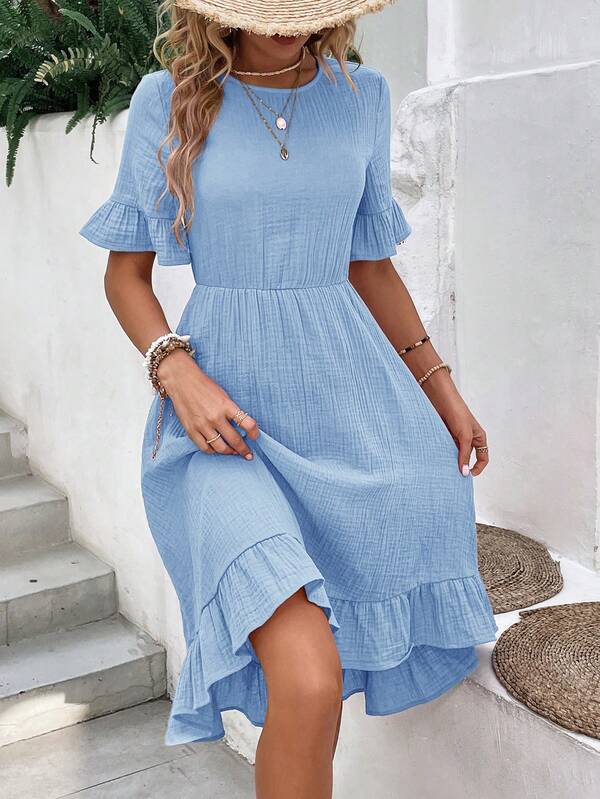 Vestido Midi Evasê Com Babados Estilo Romântico Casual