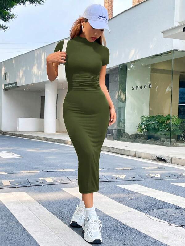 Vestido Midi Acinturado Com Franzido Estilo Minimalista