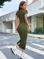 Vestido Midi Acinturado Com Franzido Estilo Minimalista