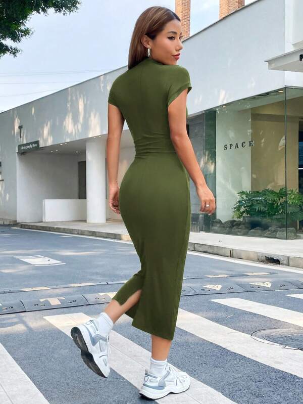 Vestido Midi Acinturado Com Franzido Estilo Minimalista