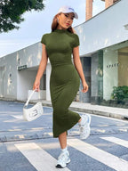 Vestido Midi Acinturado Com Franzido Estilo Minimalista
