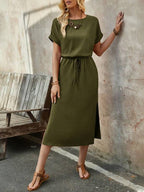 Vestido Midi Com Amarração Na Cintura Estilo Minimalista