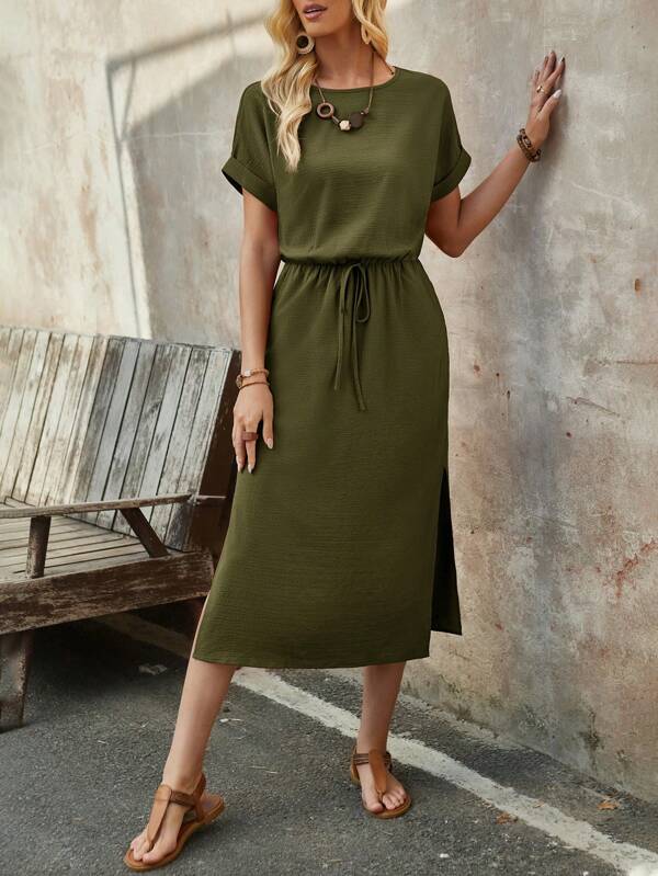 Vestido Midi Com Amarração Na Cintura Estilo Minimalista