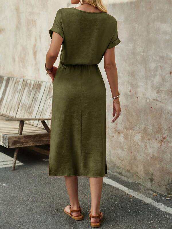 Vestido Midi Com Amarração Na Cintura Estilo Minimalista