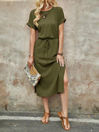 Vestido Midi Com Amarração Na Cintura Estilo Minimalista