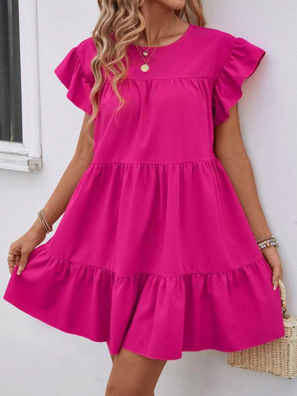 Vestido Curto Com Babados E Manga Godê Minimalista Casual