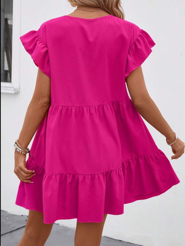 Vestido Curto Com Babados E Manga Godê Minimalista Casual