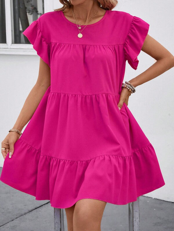 Vestido Curto Com Babados E Manga Godê Minimalista Casual