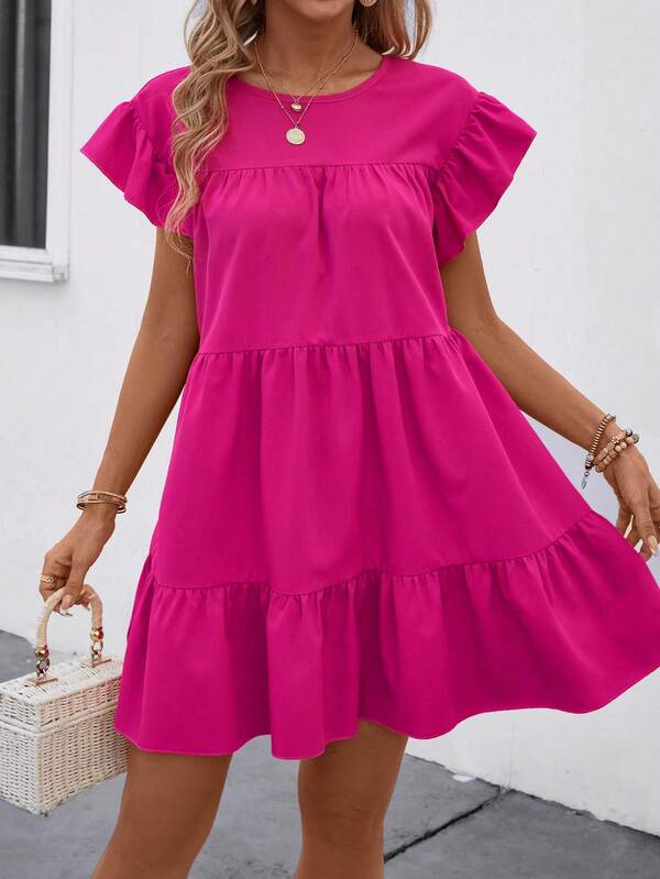 Vestido Curto Com Babados E Manga Godê Minimalista Casual