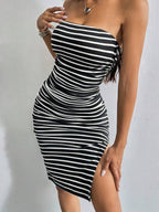 Vestido Midi Tomara Que Caia Ajustado Estampa Listrada