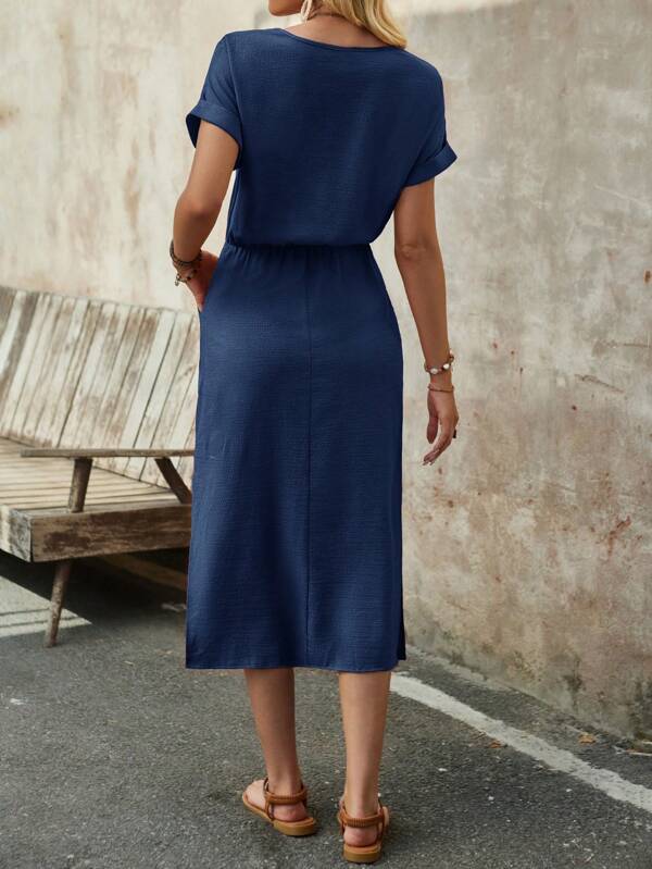 Vestido Midi Com Amarração Na Cintura Estilo Minimalista