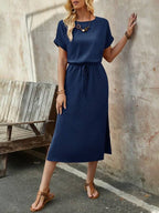 Vestido Midi Com Amarração Na Cintura Estilo Minimalista