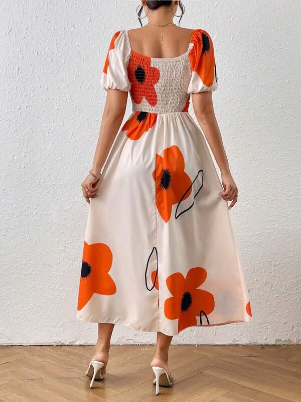 Vestido Midi Com Manga Bufante E Estampa Floral Moderna