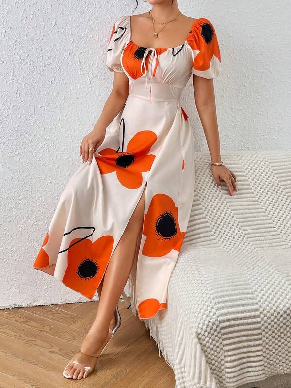 Vestido Midi Com Manga Bufante E Estampa Floral Moderna