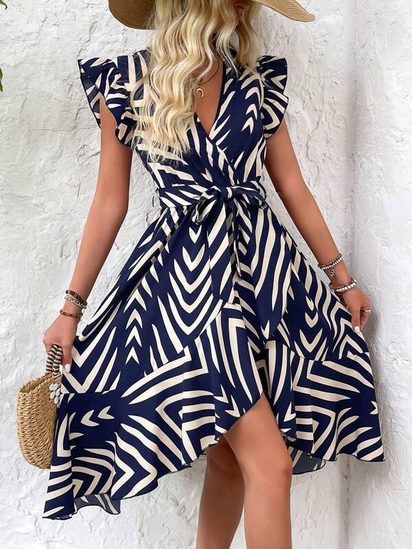 Vestido Midi Transpassado Com Faixa E Estampa Geométrica