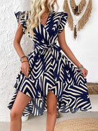 Vestido Midi Transpassado Com Faixa E Estampa Geométrica