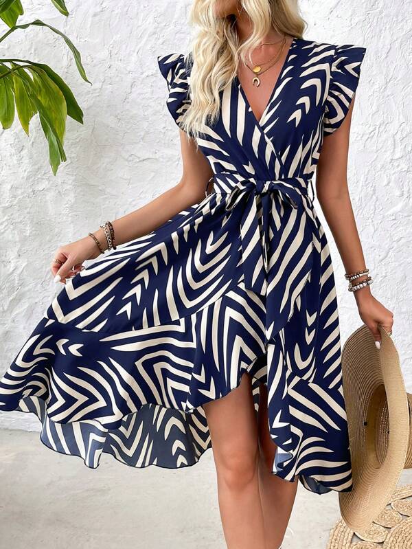 Vestido Midi Transpassado Com Faixa E Estampa Geométrica