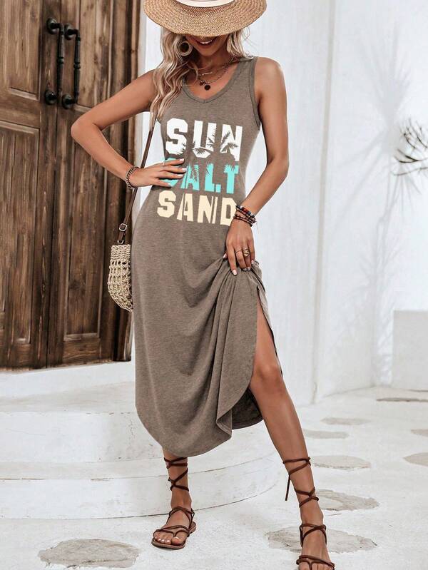 Vestido Midi Regata Com Fenda Lateral E Estampa Lettering