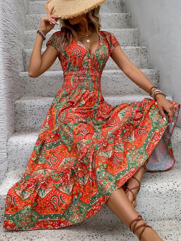 Vestido Longo Com Amarração E Estampa Étnica Boho
