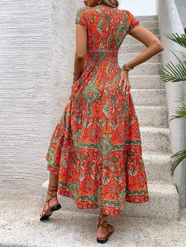 Vestido Longo Com Amarração E Estampa Étnica Boho