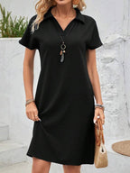 Vestido Curto Gola Polo Soltinho Texturizado Estilo Casual
