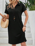 Vestido Curto Gola Polo Soltinho Texturizado Estilo Casual
