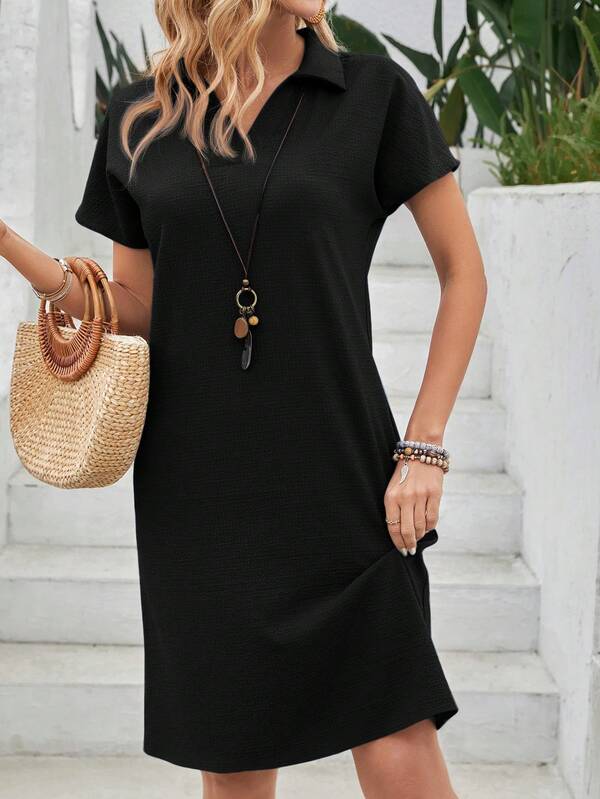 Vestido Curto Gola Polo Soltinho Texturizado Estilo Casual