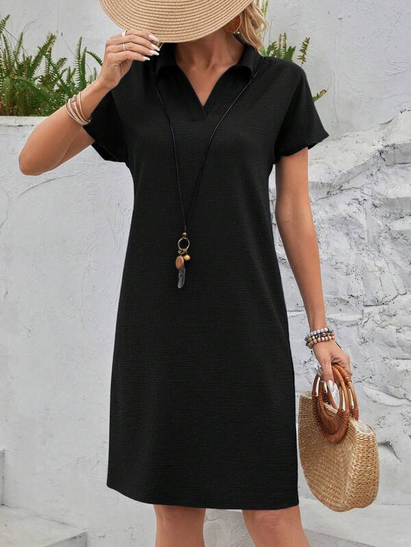 Vestido Curto Gola Polo Soltinho Texturizado Estilo Casual