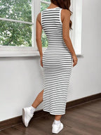 Vestido Midi Regata Ajustado Estampa Listrada Com Fenda