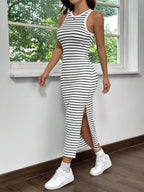Vestido Midi Regata Ajustado Estampa Listrada Com Fenda