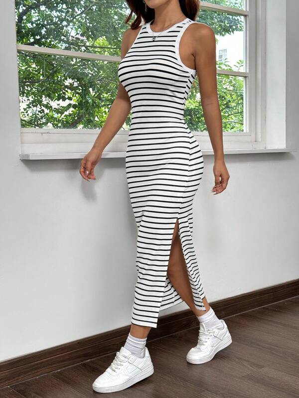 Vestido Midi Regata Ajustado Estampa Listrada Com Fenda